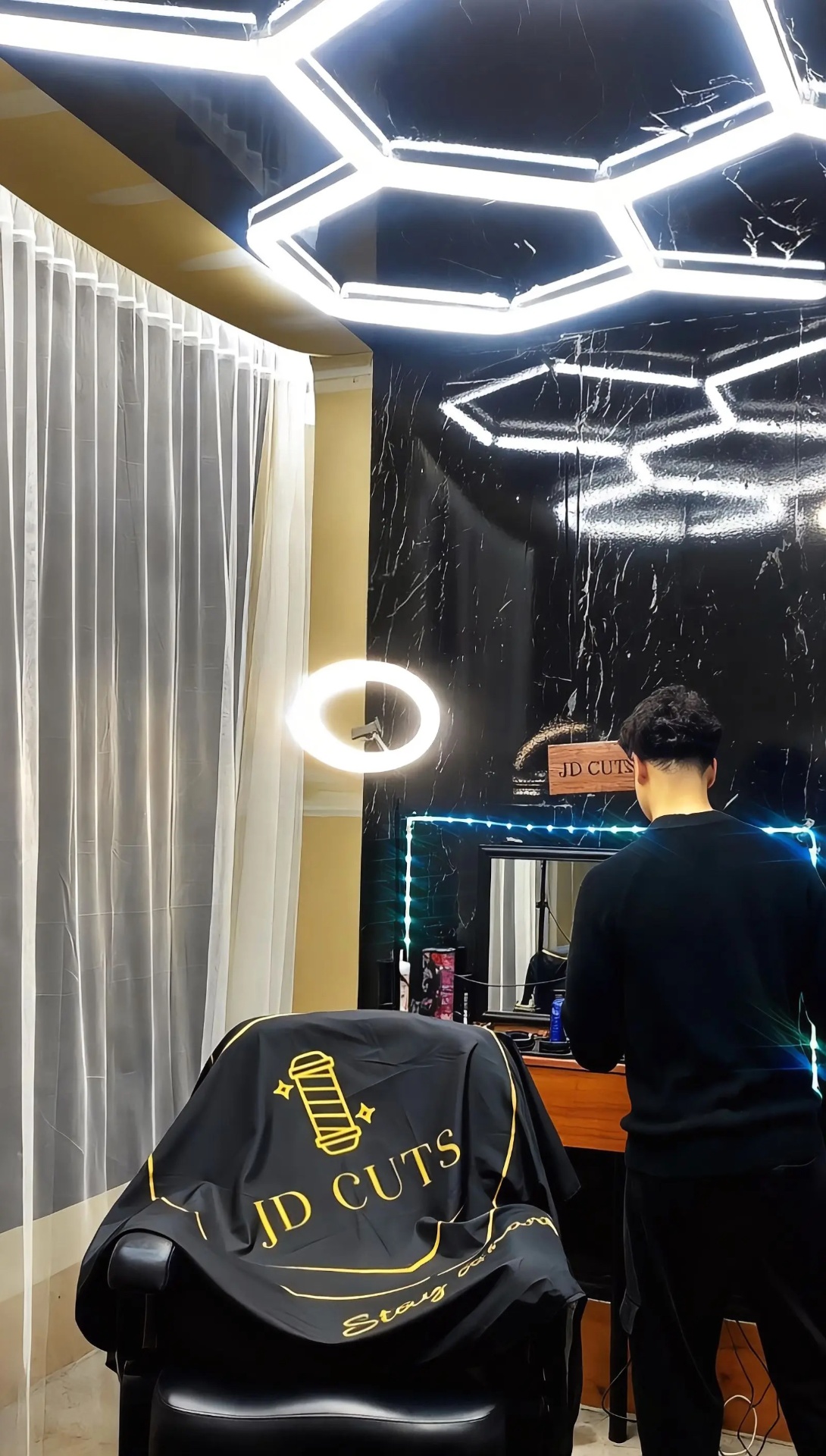 Dark luxury barbershop interior